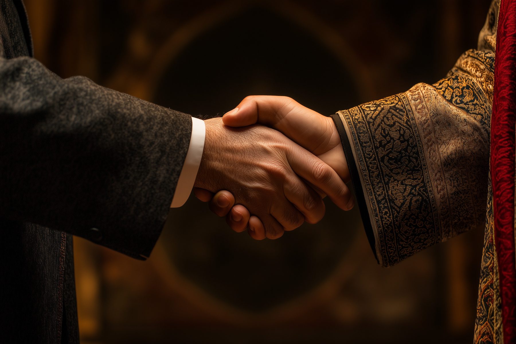 Elegant Handshake Between Businessmen in Traditional and Modern Attire on Dark Background Elegant Handshake Between Businessmen in Traditional and Modern Attire on Dark Background
